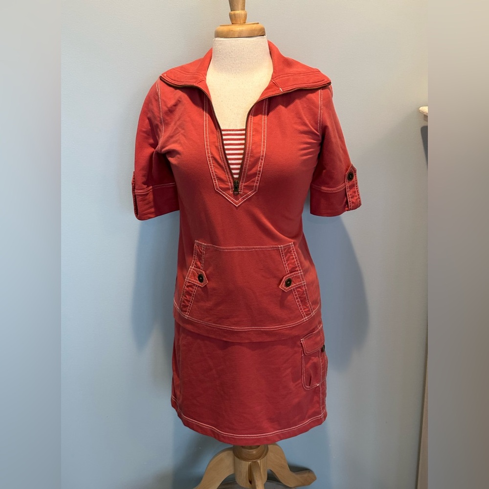 Loft Coral 3 piece 1/4 zip pullover, striped tank and skirt set size Small